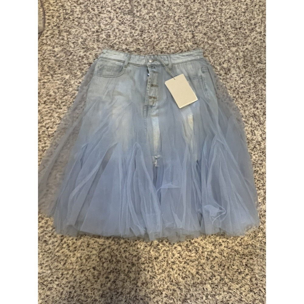 MISS SIXTY Denim /tulle Mini Skirt Sz S Light Wash Blue Distressed